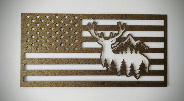 Aluminum Deer Scene Flag On White Weathered Wood