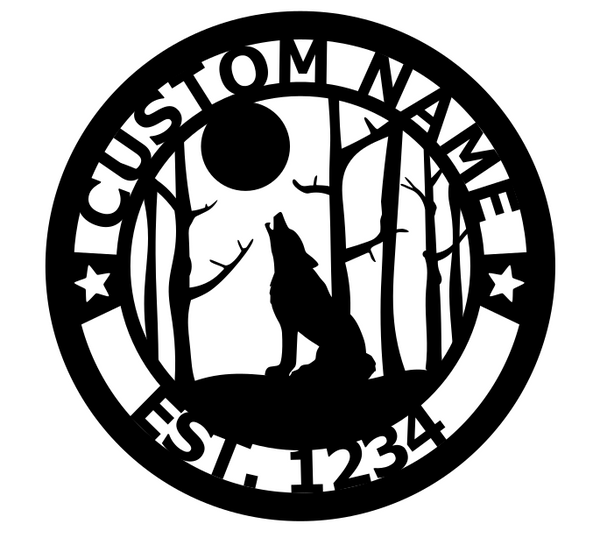 Custom Family Name or Address Metal Sign - Howling Wolf Scene