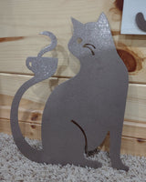 Cat Holding Coffee Metal Sign