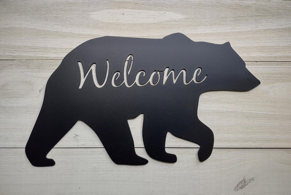 Bear Shaped Metal Wall Sign - "Welcome"